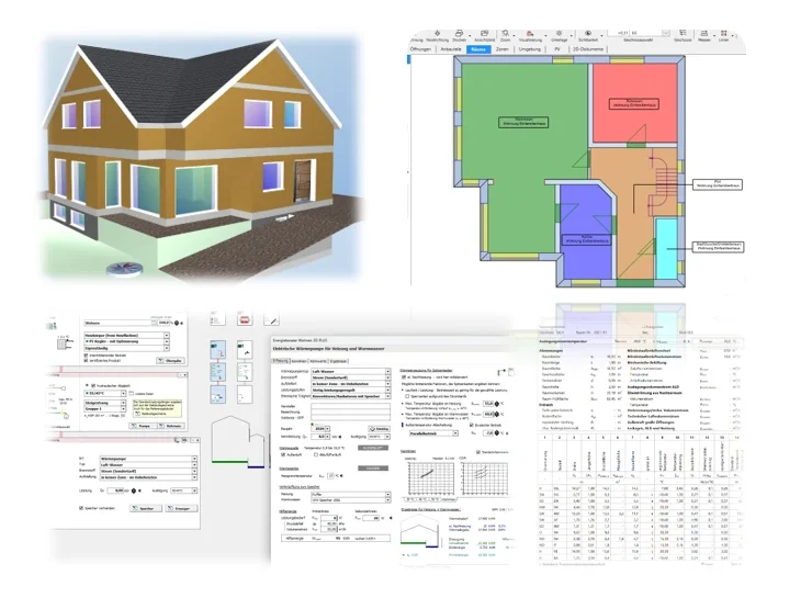 Planen ist das halbe Leben digitale Hausansicht in Holzoptik mit Grundriss und Berechnungsunterlagen im Hintergrund.
