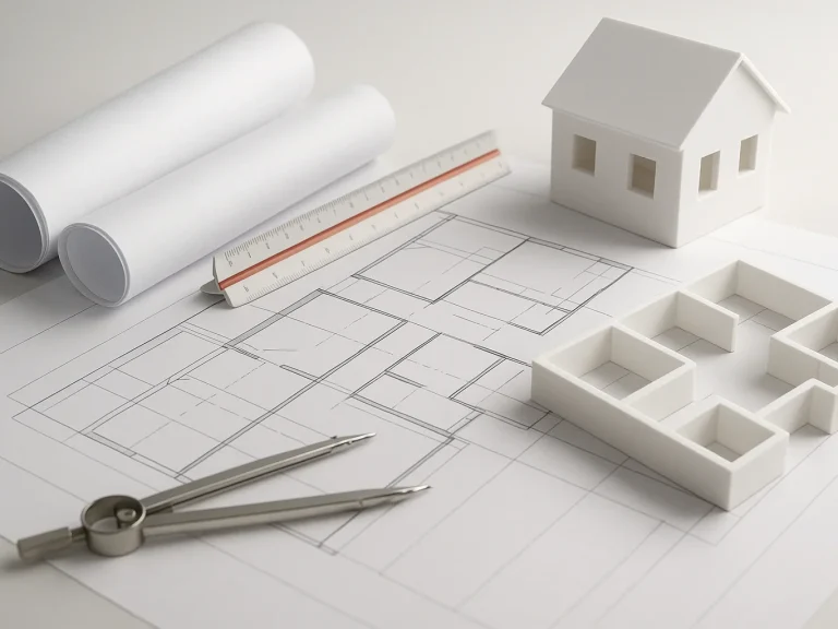 Sanierungskonzept Modell eines Hauses mit Bauplänen und Zeichengeräten auf einem Tisch.