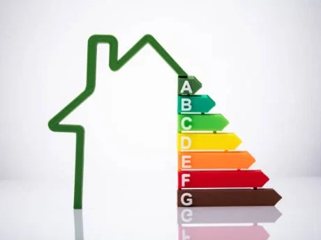 Energielabel Farbliches Energielabel von A bis G in Form eines Hauses