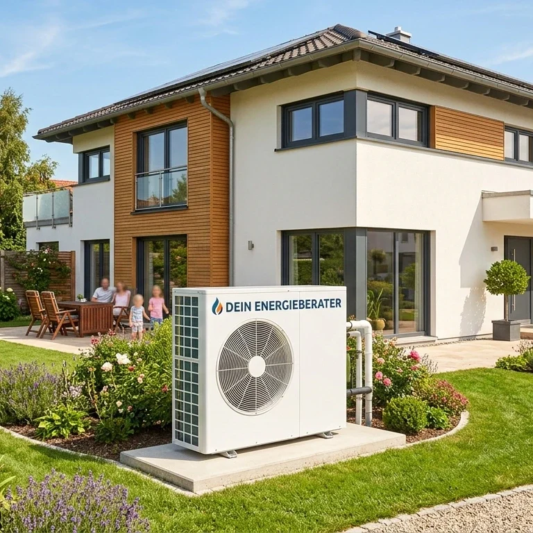 Deine neue Wärmepumpe Neue Wärmepumpe vor schönem weißen Haus mit Holzverkleidung