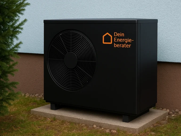 Rundum Service für Wärmepumpen Schwarze Wärmepumpe mit orangefarbenem Logo, auf einem grünen Rasen neben einer Wand.