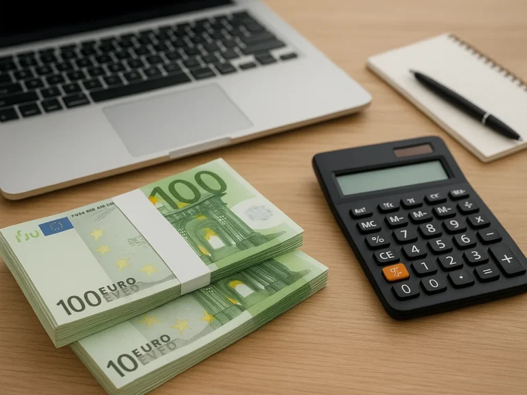 Nur Bares ist Wahres Bündel von 100-Euro-Scheinen neben Laptop, Taschenrechner und Notizblock.