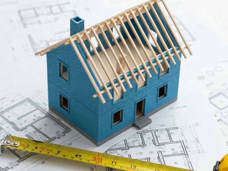 Alles nach Plan Modell eines blauen Hauses mit sichtbarem Dachstuhl auf Bauplänen. Maßband darunter.